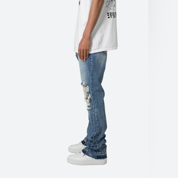 MNML Flare Blue Denim Jeans Distressed - Picture 8 of 13